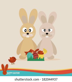 Happy easter cards with easter eggs, cute rabbit, ribbon. Concept holiday spring cartoon collection. Vector illustration.