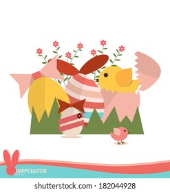 Happy easter cards with easter eggs, ribbon. Concept holiday spring cartoon collection. Vector illustration.