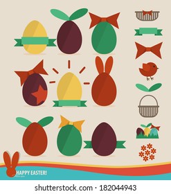 Happy easter cards with easter eggs, ribbon. Concept holiday spring cartoon collection. Vector illustration.