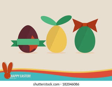 Happy easter cards with easter eggs, ribbon. Vector illustration.