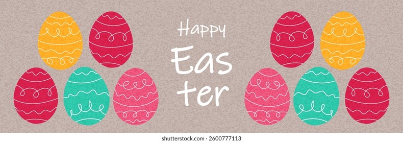 Happy Easter cards and horizontal banner with bright Easter eggs. Easter poster, cover, label template. Vector illustration