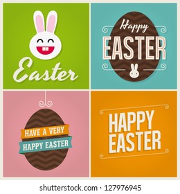 Happy easter cards illustration with easter eggs, easter bunny, easter rabbit and font.