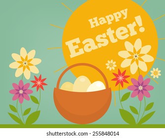 Happy easter cards illustration with easter eggs in the basket and flowers.