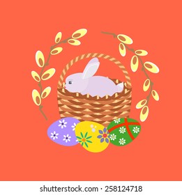 Happy easter cards illustration with easter eggs, willow branch and easter bunny.