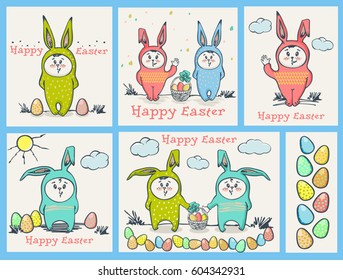 Happy easter cards illustration with easter eggs, easter bunny, easter rabbit.