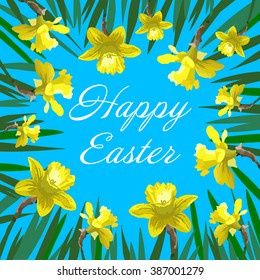 Happy easter cards illustration with flowers narcissus as background. Greeting card, template