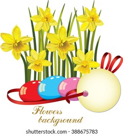 Happy easter cards illustration with flowers narcissus background Easter eggs
