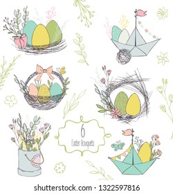 Happy Easter cards illustration retro vintage with Easter eggs and flowers.