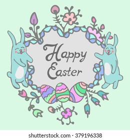 Happy easter cards illustration retro vintage with easter bunny, easter rabbit, flowers, ornaments, and fonts