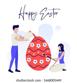 Happy Easter cards. People with brushes and paint decorate easter eggs. Men and women dance and celebrate Easter. Happy holidays. Human characters on white background. Color vector illustration