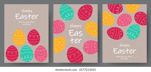 Happy Easter cards and poster set with bright Easter eggs. Easter banners, frams, covers, labels templates set. Vector illustration