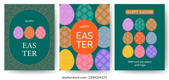 Happy Easter cards and poster set with bright Easter eggs. Easter banners, frams, covers, labels templates set. Vector illustration