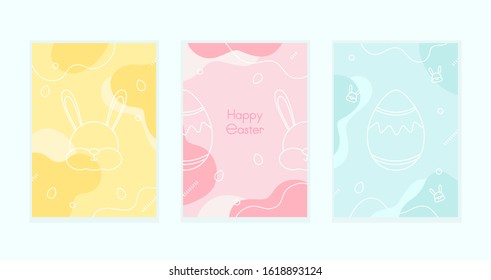 Happy Easter cards set. Abstract vector colorful illustration. Line art rabbit, egg and smooth elements collection.