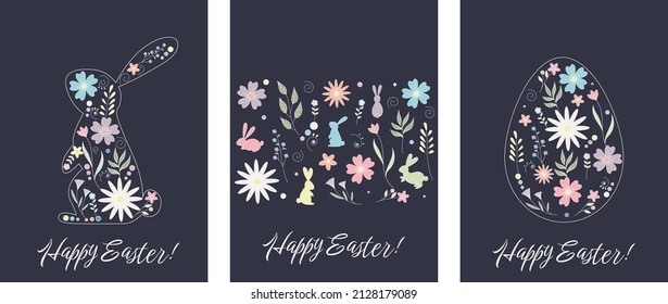 Happy easter cards set with easter bunny, eggs and flowers. Vector background.