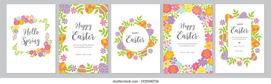 Happy Easter cards set with colorful flowers, eggs and green leaves border. Vector illustration.