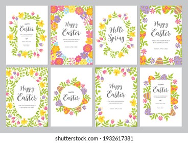 Happy Easter cards set with colorful flowers, tulips, narcissus, leaves and eggs. Floral spring frames, borders with place for text. Vector illustration.