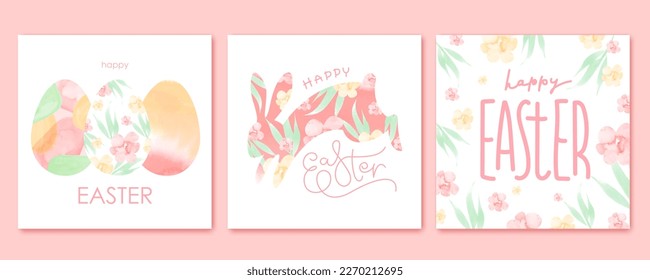 Happy Easter  cards set. Colorful holiday design with hair, eggs, rabbit, lettering, flowers. Watercolor texture.