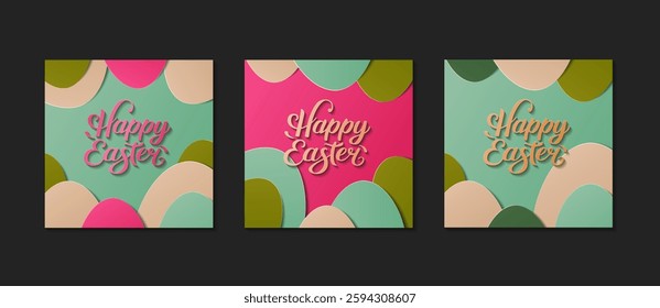 Happy Easter cards set with Colorful paper cut style Eggs. Greeting square post background for Social media. Holidays spring invitation. Elegant lettering on mint background. Vector flat illustration.