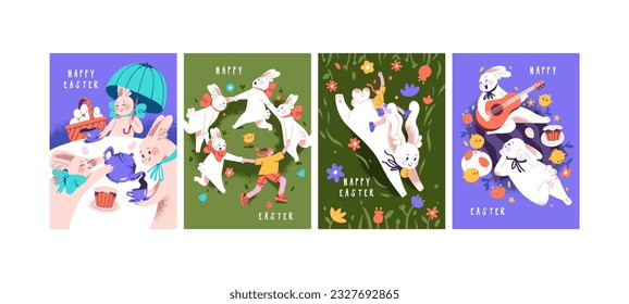 Happy Easter cards set. Cute funny rabbits, bunnies with eggs, chicken, flowers on spring holiday. Childish fairytale parties with fairy animal characters postcards. Kids flat vector illustrations