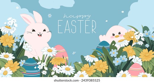 Happy Easter cards set. Cute, funny, kawaii rabbit, chicken, eggs. Spring field, flowers, plants, leaves, blue sky. Holiday colorful flat style design.