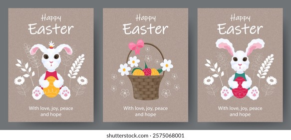 Happy Easter cards set with cute Easter rabbit, eggs, spring flowers and basket Easter posters, covers, labels templates set. Vector illustration