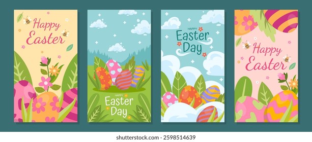 Happy Easter cards set. Cute, funny, kawaii eggs. Spring field, flowers, plants, leaves, clouds, blue sky. Holiday colorful flat design style.
