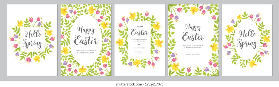 Happy Easter Cards Set With Flowers Tulips, Narcissus And Leaves. Floral Spring Frames, Borders With Place For Text. Vector Illustration.