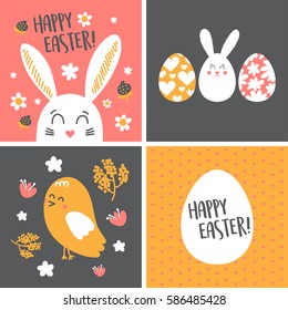 Happy Easter Cards set with funny rabbit, chick and Easter eggs, Vector Illustration.