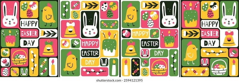 Happy Easter cards set. Geometric background, greeting cards, flyer covers. Bento grid design. Vector illustration with hand drawn elements.