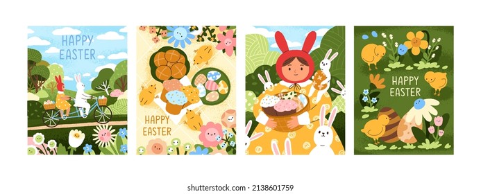 Happy Easter cards set. Greeting postcards designs for spring holidays. Cute congratulations with fairytale characters, painted eggs, rabbits, bunnies, festive cakes. Colored flat vector illustrations