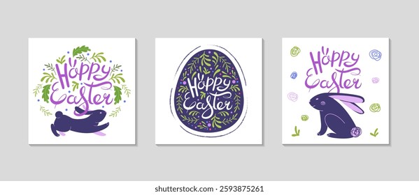 Happy Easter cards set. Greeting square post background for Social media. Holidays spring invitation. Easter eggs in doodle style, spring flowers and rabbit. Vector flat illustration.