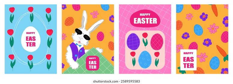 Happy Easter cards set with hand drawn cute Easter bunny, eggs, spring flowers. Set of Easter posters, covers, label templates. Vector illustration
