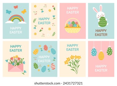Frohe Osterkarten eingestellt. Minimale Kartendesigns mit niedlichen Elementen, Vektor-Illustrationsvorlage.