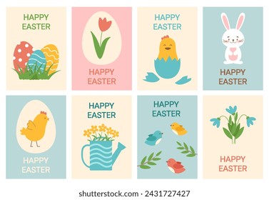 Happy easter cards set. Minimal card designs with cute elements, vector illustration template.