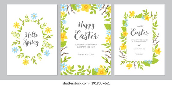 Alegres cartas de Pascua con flores narcisidas, sauce y hojas verdes en la frontera. Ilustración vectorial.