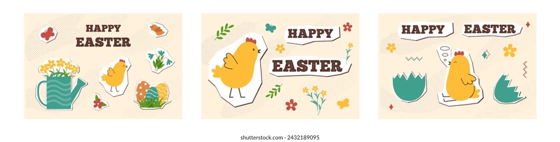 Happy easter cards set in new nostalgia style. Minimal card designs with cute appliqué elements, vector illustration template.	