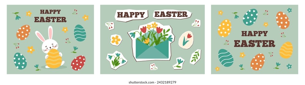 Happy easter cards set in new nostalgia style. Minimal card designs with cute appliqué elements, vector illustration template.