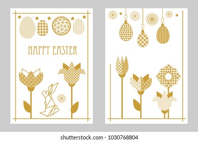 Happy Easter cards set with rabbit, blooming tulips, wildflowers and ornate eggs. New minimalism linear style. Template for posters, banners, invitations. White and golden.