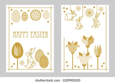 Happy Easter cards set with rabbits, blooming flowers and ornate eggs. New minimalism linear style. Template for posters, banners, invitations. White and golden.