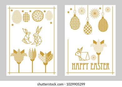 Happy Easter cards set with rabbits, blooming tulips and ornate eggs. New minimalism linear style. Template for posters, banners, invitations. White and golden.