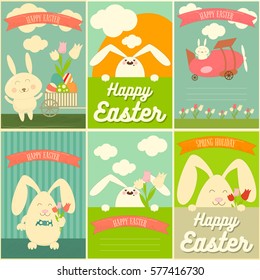 Happy Easter Cards Set with Rabbits. Mini Posters Collection. Vector Illustration.