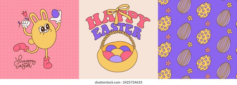Happy Easter cards set. Retro groovy cartoon characters and elements. Vintage funky mascot poster with bunny. Comic trendy set cards. Vector illustration 60s 70s 90s style