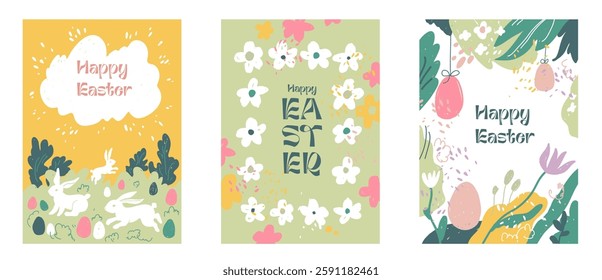 Happy Easter cards set. Trendy Easter hand-drawn design. Flowers, cloud, shapes, eggs and bunnies. Modern minimal style. Original art doodles