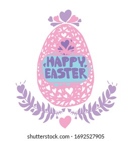 Feliz ilustración vectorial de las tarjetas de Pascua con huevo de Pascua. Doodles adornan el fondo del huevo de Pascua con corazón y cruz.
