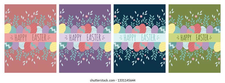 Happy easter, cards.Template with beautiful flowers and eggs. Vector illustration, background. Set of cards. 