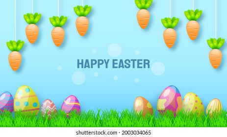 Happy Easter Carrots Eggs Grass Greeting Background. Vector Design Banner Party Invitation Web Poster Flyer Stylish Brochure, Greeting Card Template