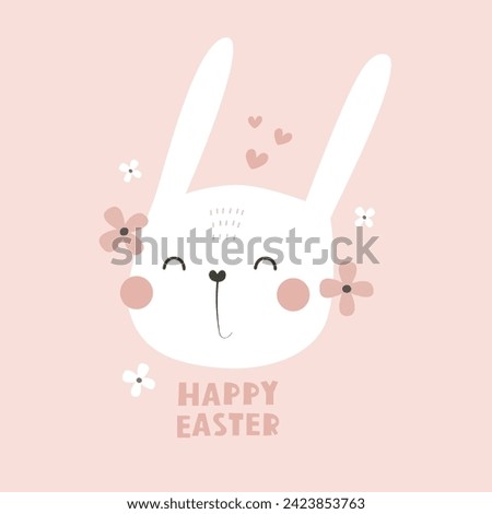 happy easter. cartoon, bunny, flowers, hand drawing lettering, decor elements. festive colorful vector illustration. Design for greeting cards, decoration posters, covers.
