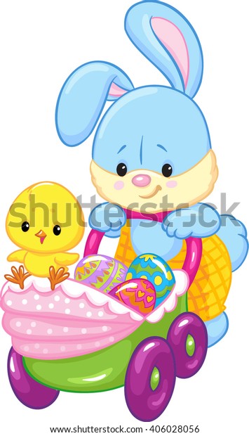 Happy\
easter. Cartoon bunny lucky chick and Easter eggs in a wheelchair.\
Vector illustration isolated on white background.\
