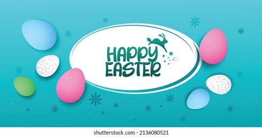 Happy Easter With Cartoon Bunny, Paint Egg, Background.