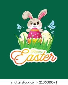 Happy Easter With Cartoon Bunny, Paint Egg, Background.